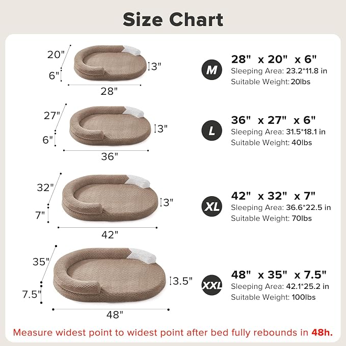 JOEJOY XL Orthopedic Dog Beds Large Sized Dog, Extra Large Washable Waterproof Oval Large Dog Bed with Removable Cover, Egg-Crate Foam Pet Bed with Bolster Sides & Non-Skid Bottom, Brown, 42''x32''