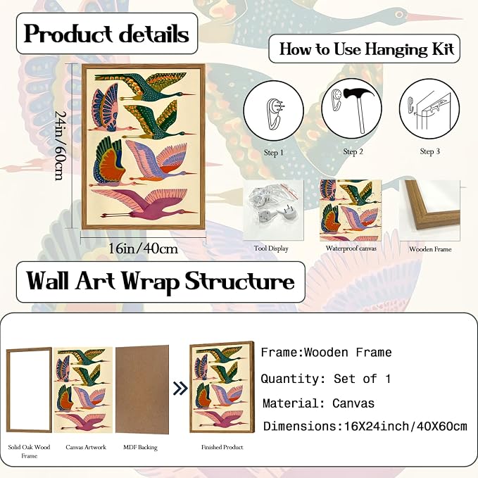 Framed Colorful Bird Wall Art, Vintage Flying Heron Pictures Wall Decor, Mid Century Modern Animal Paintings Canvas Prints Abstract Home Decor Aesthetic Artwork for Living Room Bedroom 12x16 inch