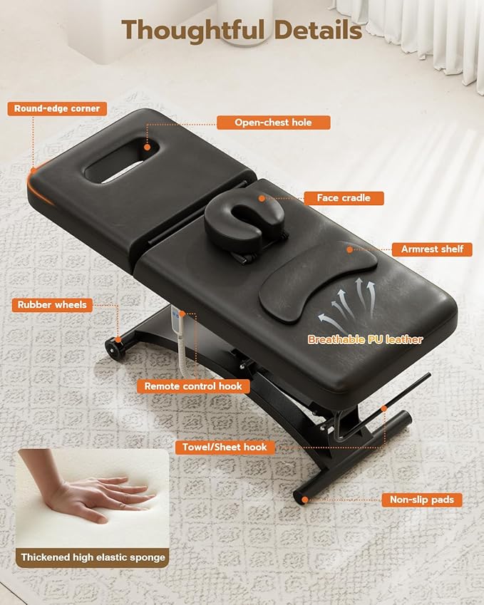 Paddie 550lbs Electric Lift Massage Table, Professional for Treatment/Facial/Beauty/Spa/Physical Therapy, Haydrulic Adjustable Backrest/Face Cradle/Rolling Wheels, Black