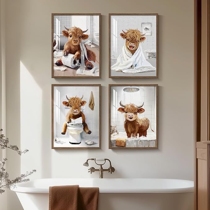 Framed Funny Highland Cow Wall Art for Bathroom, 4 Piece Rustic Fun Farmhouse Animal Painting Prints Artwork for Walls, Cute Mini Cow Pictures for Restroom Washroom Toilet Bathroom Wall Decor, 12x16