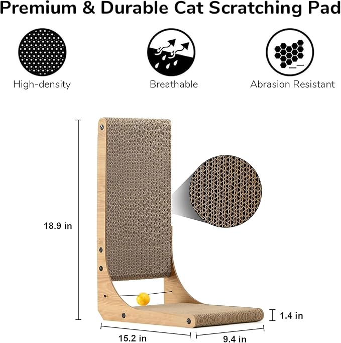 FUKUMARU Cat Scratcher, 18.9 Inch L Shaped Cat Scratch Pad for Indoor Cats | Vertical Cat Scratching Board with Ball Cat Toy, Cardboard Cat Scratcher for Wall Sofa Couch, Kitten Scratching Post