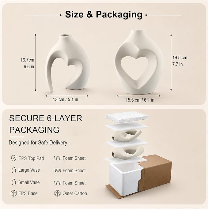 White Ceramic Flower Vase Home Table Decor Heart Shaped Vase Set of 2 | Boho Heart Shaped Minimalist Decorative Vases for coffee Table Centerpiece Wedding Dining Living Room Office House Decoration