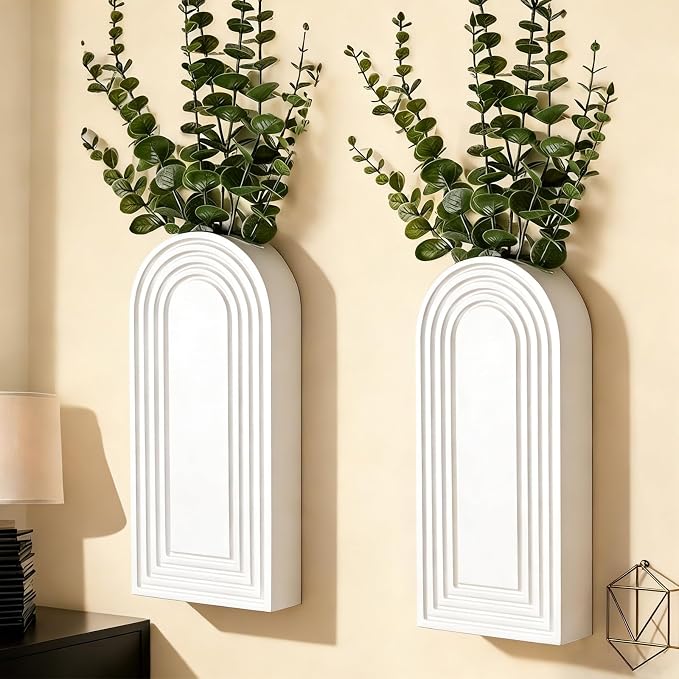 2 Pack Wooden Wall Vase Set, Boho Hanging Planter for Indoor Plants & Flowers, Wood Wall-Mounted Planters for Living Room, Modern Farmhouse Entryway or Bathroom, Rustic Art for Home (White)