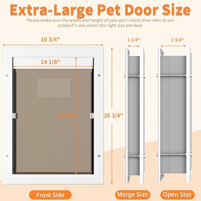 Dog Door for Large Dogs, X-Large Aluminum Frame Pet Door with 2-Way Lock, Easy Install on Interior Door/Screen/Wall, Weatherproof Magnetic Flap (X-Large, White)