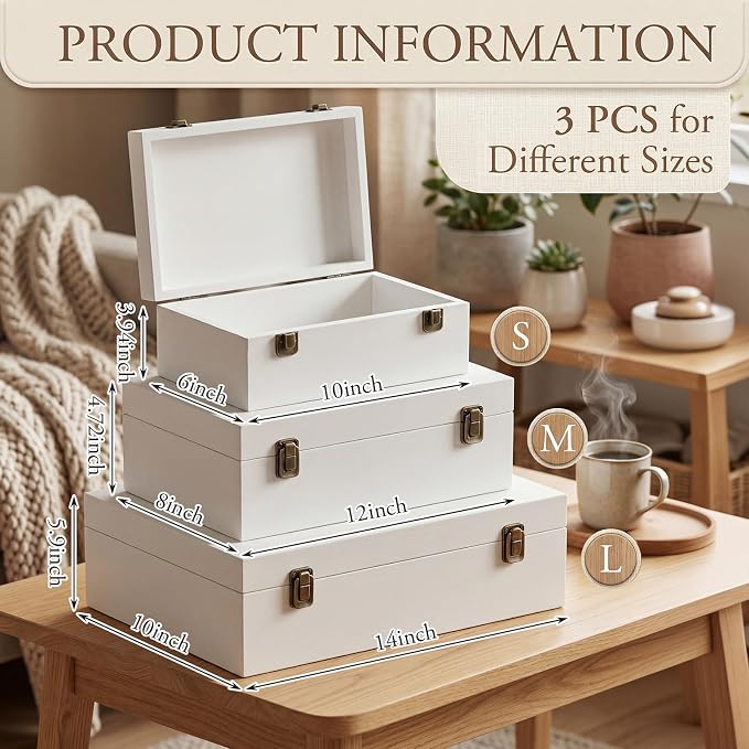 Sliner 3 Pcs Wooden Decorative Storage Boxes with Lids Vintage Wood Organizer Bins for Your Bookshelf Home Decor Safely Store Photos Documents Memory Jewelry Craft Storage (White,S M L Size)