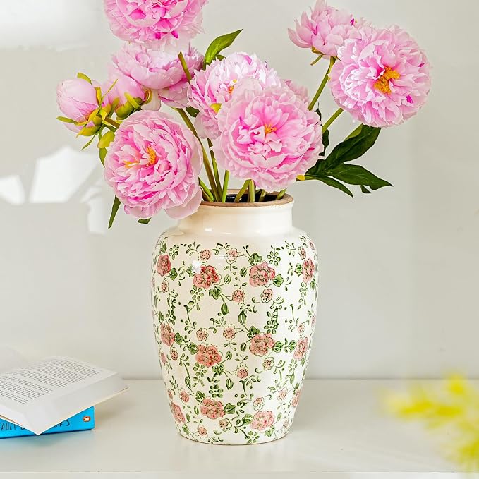 Sungmor Ceramic Flower Vase, Vintage Pink Ice Cracked Glaze Porcelain Vase | Pretty Home Decor Vase for Flower Arrangement, Fresh Flowers, 10.2 Inch Tall Chinoiserie Pottery Vase, Green Floral Pattern