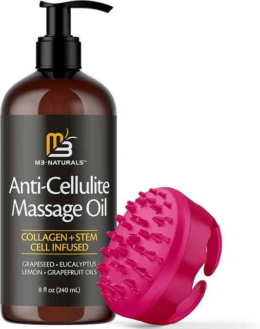 Anti Cellulite Massage Oil and Silicone Body Brush – Collagen and Stem Cell Skin Tightening Formula for Smoothing and Firming, 8 fl oz by M3 Naturals