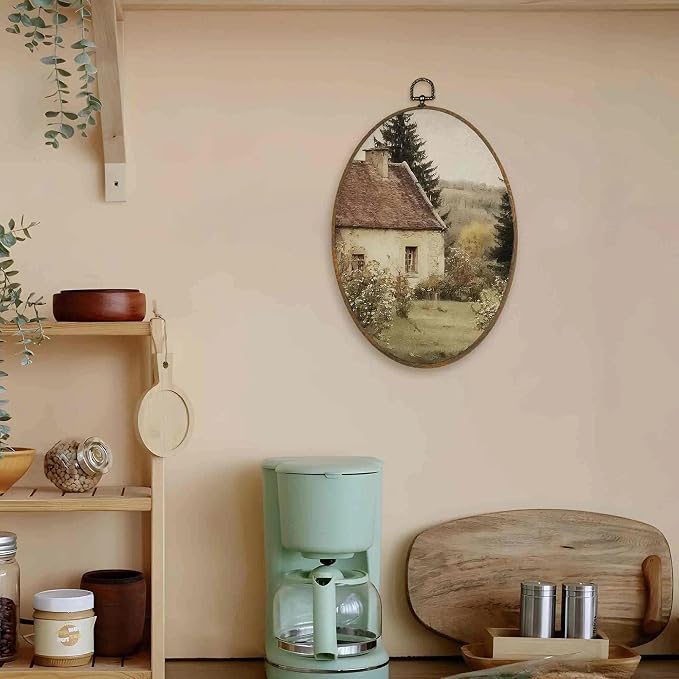 LKETW Rustic Farmhouse Country Oval Wall Art Decor, Cottagecore Antique Oval Canvas Hanging Decor, Vintage Countryside Landscape Wall Decorations for Home Bedroom Living Room, 8.6x11.4 Inch