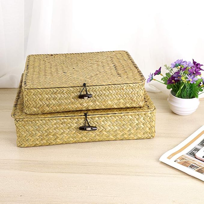 Hipiwe 2 Packs Flat Wicker Basket Box with Lid Woven Seagrass Storage Bins | Handwoven Basket Boxes for Shelf Organizing, Home Decorative Bins Box for Home Decor, Natural Color