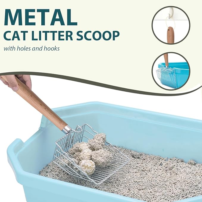 Cat Litter Scoop, Kitty Metal Scooper with Hook and Hole, Non Stick | Stainless Steel Kitten Poop Lifter, Durable & Heavy Duty Sifter, Easy To Clean, Saves Time, for Litter Box