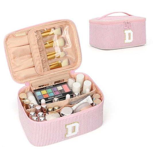 OCHEAL Makeup Bag Valentines Day Gifts for Women, Monogram Cosmetic Bag Pink Travel Makeup Case Beauty Toiletry Bag Organizer Personalized Gifts for Girls Bridesmaid, Sister, Wife, Friends Initial D