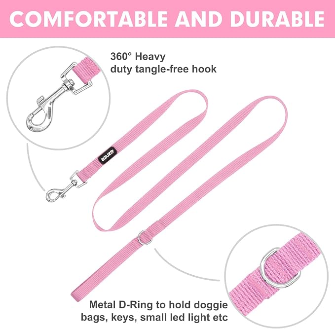 azuza Nylon Dog Collar and Leash Set, Strong & Durable Basic Style Leash and Collar with ID Tag Ring, Available in Multiple Lengths for Medium Dogs, Pink,M