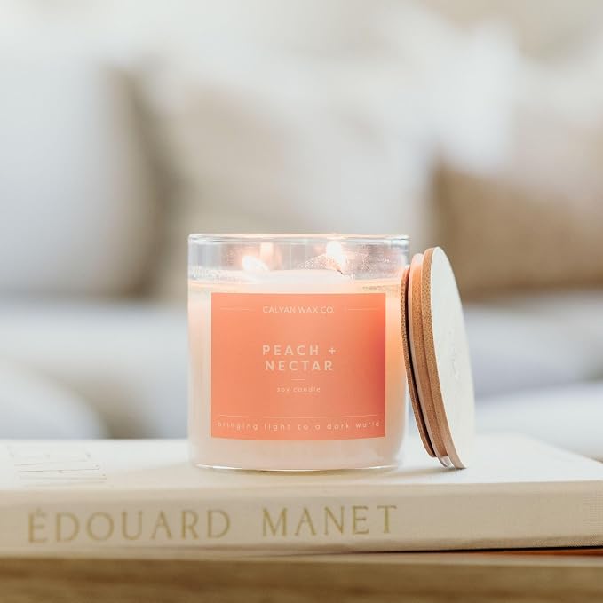 Calyan Wax Co. Peach & Nectar 2 Wick Scented Candle - 37 Hour Burn - Luxury Clean Soy Wax Candles - Long Lasting Large Glass Jar Candle for Home - 8.8oz