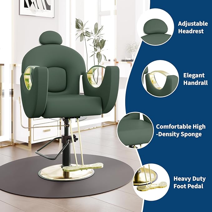 Barber Salon Chair, Reclining Salon Chair with Heavy Duty Hydraulic Pump, 360° Swivel and Height Adjustable, 330 LBS Capacity Spa Beauty Equipment Hairdresser Armchair for Barbershop- Green & Gold