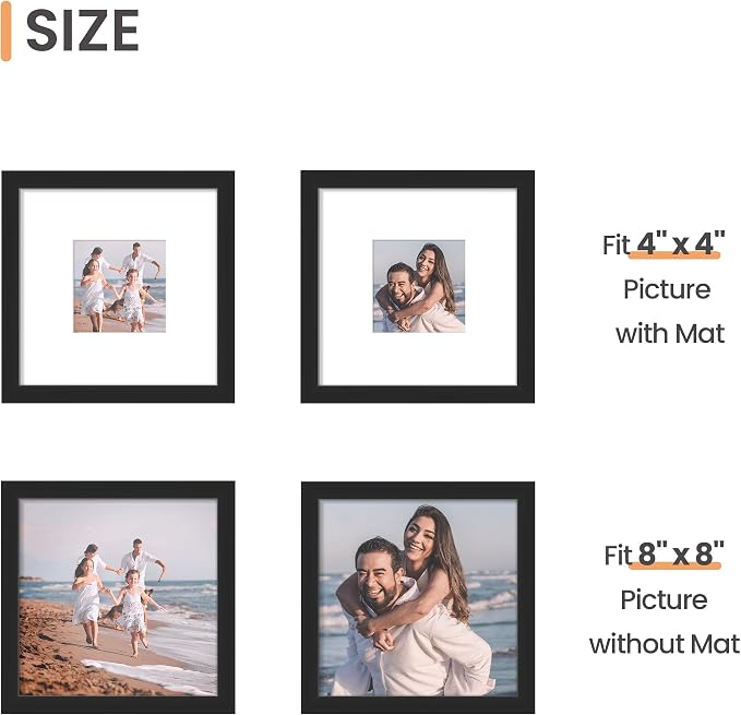 upsimples 8x8 Picture Frame, Photo Collage Wall Decor Set of 10, Black | Fit 4x4 and 8 x 8 Square Photos, Wall or Tabletop Display, For Gallery Hallway Living Room, For Christmas