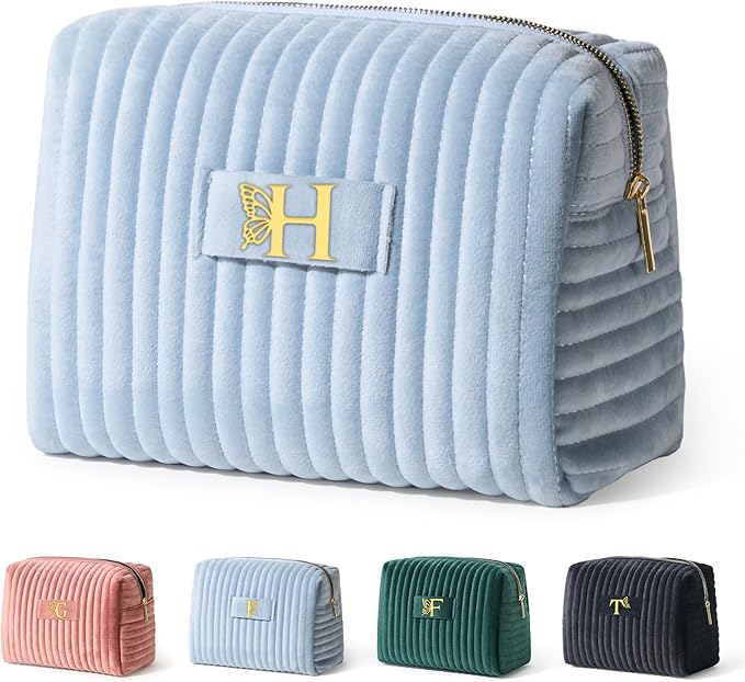 COSHAYSOO Easter Basket Stuffers Essentials Gifts for Women Quilted Makeup Bag Make Up Cosmetic Pouch Travel Size Skin Care Toiletries Lip Balm Gloss Liner Oil Tint Organizer Blue Initial Letter H