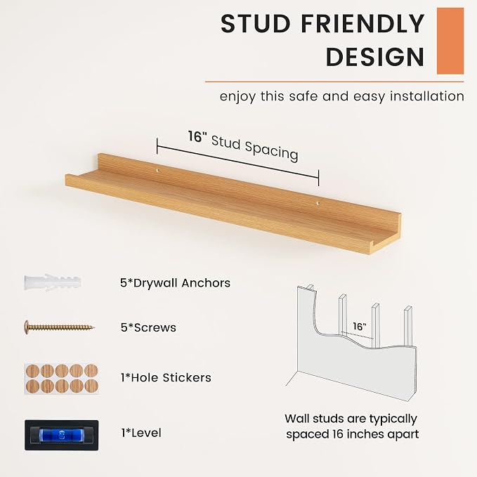 Picture Ledge Shelf, Floating Shelves for Wall, 30" W Set of 2, Oak | FSC Certified Engineered Wood, Wall Mounted Bookshelf, for Nursery Living Room Bedroom, Pre-Drilled, Easy Install