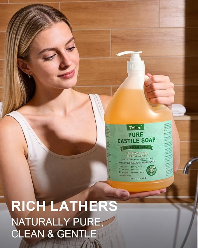 Yoken EWG Verified Peppermint Castile Soap Liquid, 1 Gallon Bulk Size, Made with Certified Organic Oils, Gentle Peppermint Soap for Body Wash, Hands, Dishes, Laundry & More, Natural Versatile Cleanser