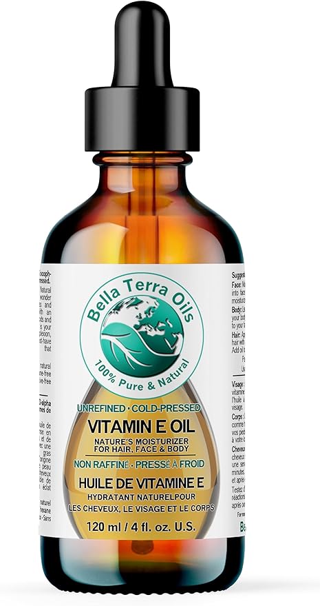 Bella Terra Oils - Organic Vitamin E Oil 4 oz - Strongest Concentration of Natural Organic Vitamin E, D-Alpha Tocopherol Rich, Perfect for Nourishing Your Face and Body