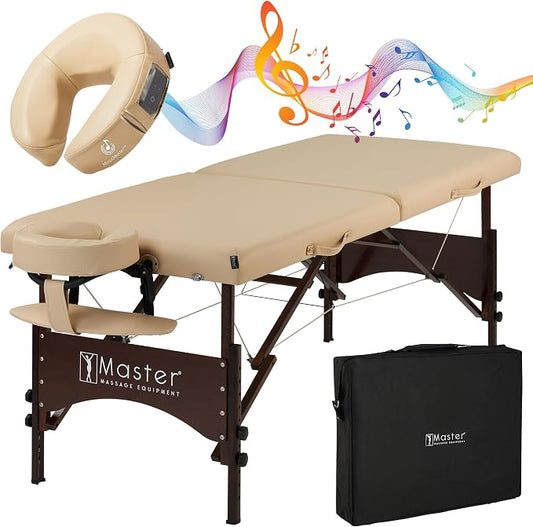 Master Massage 28" Argo Portable Massage Table with Extra Music Master Crescent Round High Fidelity Sound Face Cradle Cushion - Cream