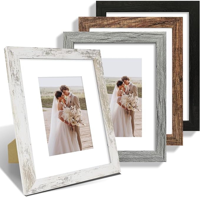 Hongkee 8x10 Picture Frame Set of 4, Made of Real Glass and Multicolour Wooden Frame, 8 by 10 Photo for Wall or Tabletop - Display Picture 5x7 with Mat or 8x10 Without Mat
