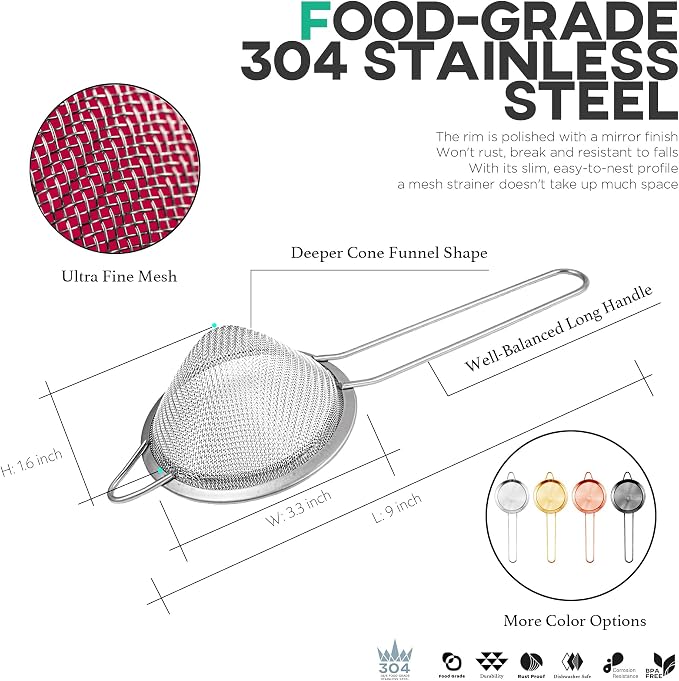 Homestia 2 Piece 3.3" Fine Mesh Strainer for Kitchen, 304 Stainless Steel Cocktail Sieve Sifters for Food, Liquid Strainer for Drinks, Tea, Coffee, Juice, Flour, Fruits, Vegetables (Silver, 2 Pack)