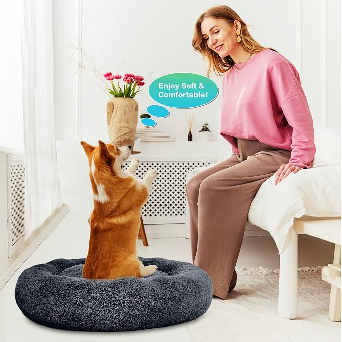 SAVFOX 45 inches Calming Donut Dog Bed - 3X Durable Plush Faux Fur, Machine Washable & Non-Slip, Fits up to 150 lbs, Dark Grey