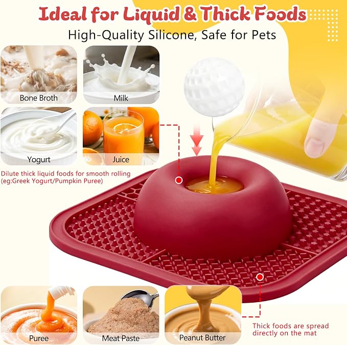 Slow Feeder Dog Bowls & Lick Mat for Liquid and Thick Treat, Anti-Slip Dog Lick Bowl with Interactive Rolling Ball, 5/6 Cup Pup Licking Toy for Large Medium Small Dogs and Cats-Large Red