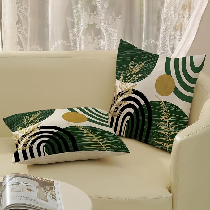 Boho Green Pillow Covers 18x18 Set of 2 Green Gold Leaf Tropical Decor Mid Century Throw Pillows Outdoor Bohemian Decorative Pillowcase Farmhouse Abstract Modern Cushion Case for Couch Sofa