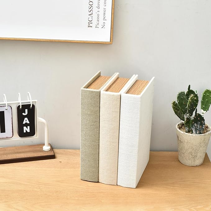 DECOR4SEASON Modern Linen and Wood Decorative Faux Book Boxes Set of 3,10" | Taupe,Beige,Off White