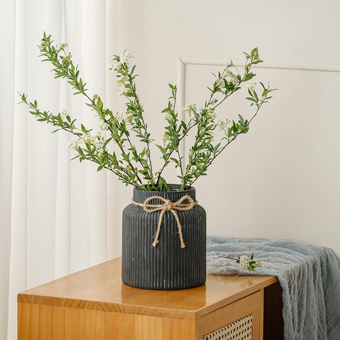 Rustic Ceramic Flower Vase, 7.2in Vintage Black Ribbed Vases for Home Decor | Farmhouse Decorative Terracotta Vases Wide Mouth Vase for Bedroom Living Room Table Centerpieces Shelf Cabinet Decorations
