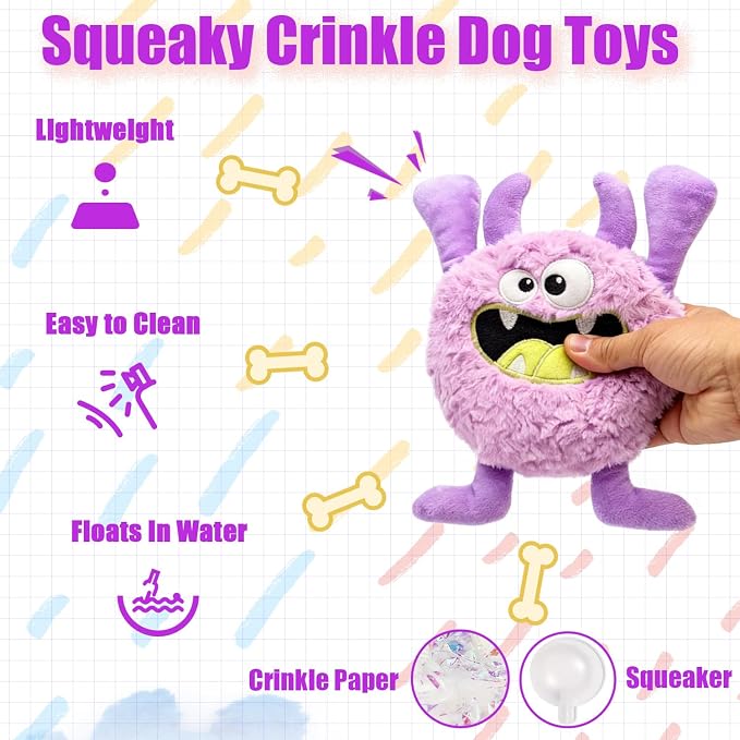 Monster Stuffed Squeaky Dog Toy, Crinkle Dog Plush Toy, Purple | Soft Lightweight Toy for Fetch and Chew, Interactive Outdoor Indoor Play for Tug, Birthday Gift, For Puppy Small Medium Dog