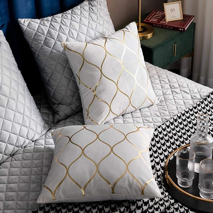 Gold Velvet Euro Sham Pillow Covers Off White: 2 Pack 26x26 Inch Square Decorative Pillow Cases for Bedroom Sofa Couch Living Room
