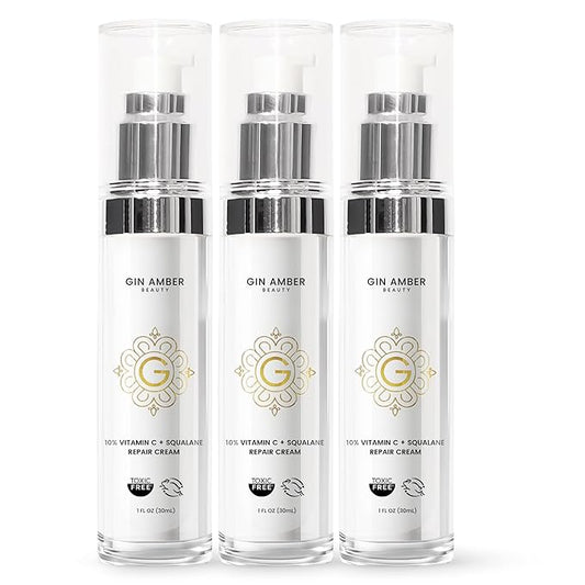 Gin Amber Beauty - Vitamin C (10%) + Squalane Repair Cream - Face Moisturizer - Facial Cream- Dark Spot Corrector - Primer - (30ml - 3-Packs)
