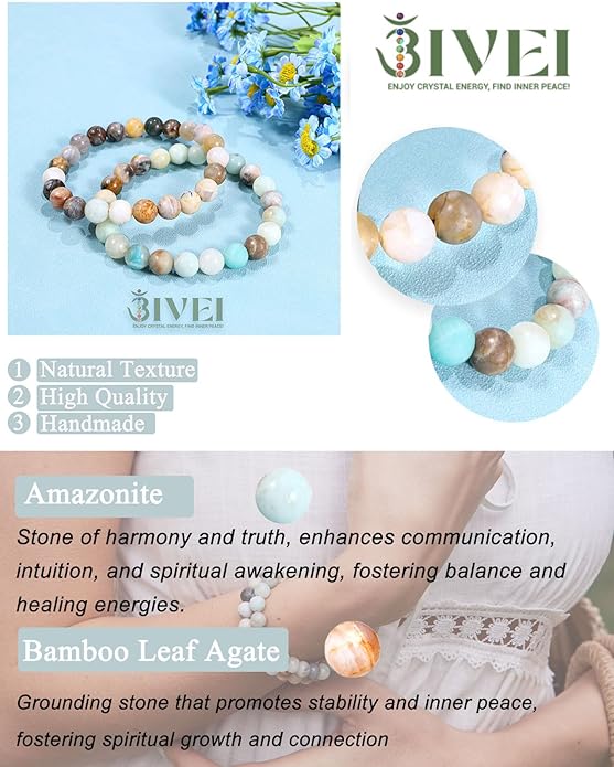 Bivei Natural Gemstone Semi Precious Healing Crystals Handmade Stretchy Round Beads Bracelet,Stocking Stuffers for Women Enhance Positive Energy