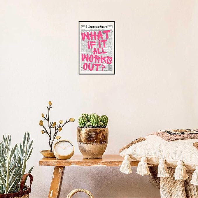 Drimiler Retro Newspaper Pink Font Poster What If It All Works Out Canvas Wall Art Positive Affirming Quote Minimalist Prints Painting For Home Bedroom Dorm Wall Decor 12x16in Framed