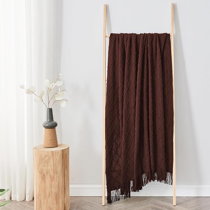 inhand Diamond Brown Knitted Throw Blanket for Couch and Bed, 50"x60" | Soft Cozy Knit Blanket with Tassel, Lightweight Decorative Blankets and Throws, Farmhouse Warm Woven for Men and Women