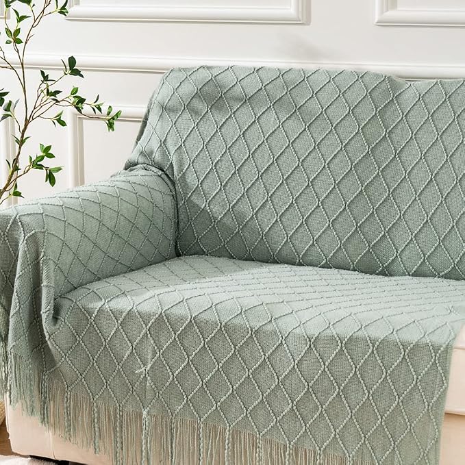 BATTILO HOME Sage Green Throw Blanket for Couch, Boho Bed Throws Blanket, Spring Decorative Light Blue Throw Blanket for Sofa Living Room, 52"x80"