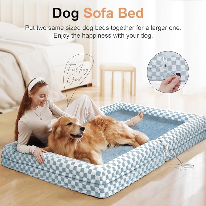Orthopedic Dog Bed for Large Dogs, 38 x 25 Inch, Blue Grid | Egg crate foam for joint support, 3-sided bolster pet sofa, waterproof lining, washable cover, and non-skid base
