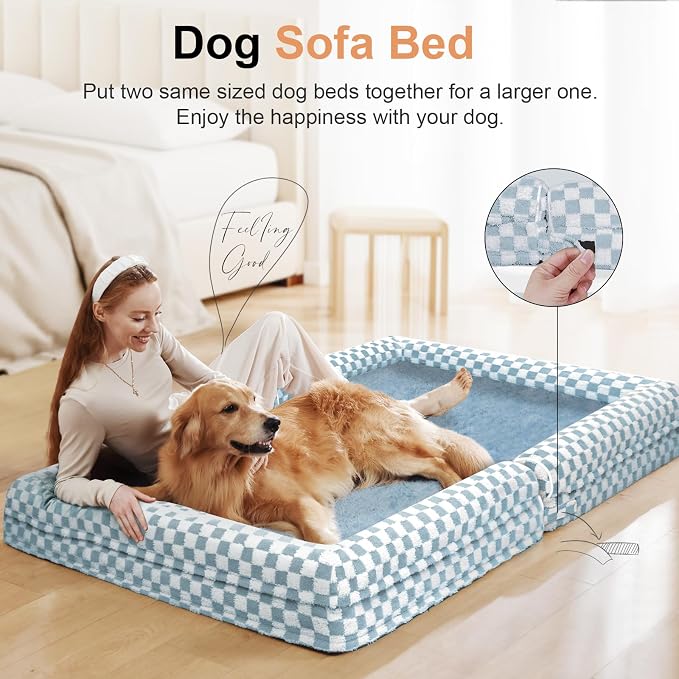Orthopedic Dog Bed for XX-Large Dogs, 44 x 34 Inch, Blue Grid | Egg crate foam for joint support, 3-sided bolster pet sofa, waterproof lining, washable cover, and non-skid base