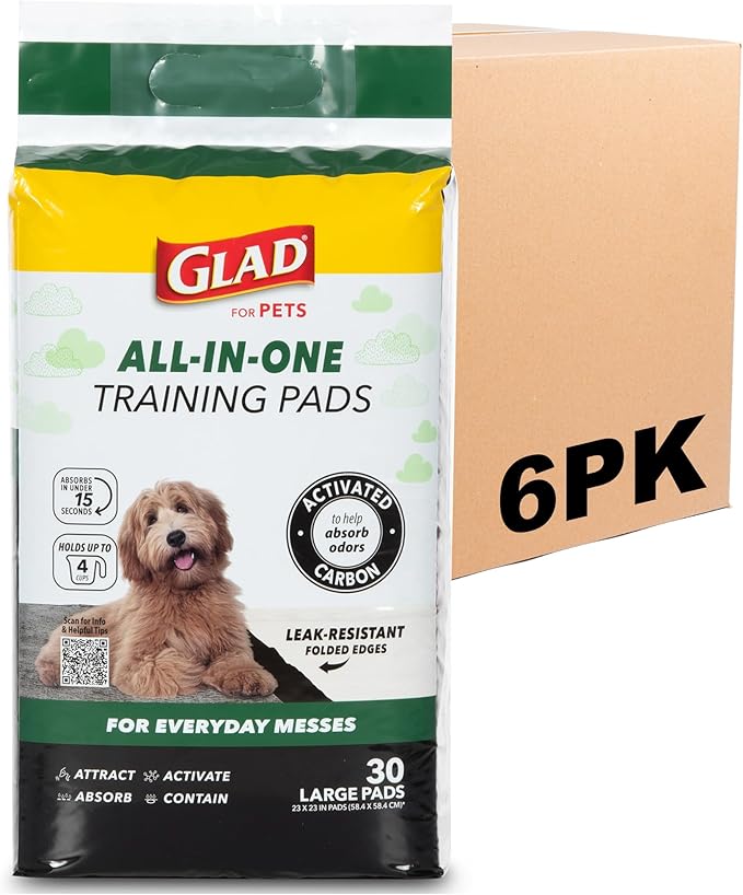 Glad for Pets Activated Carbon Disposable Dog Training Pads, 100 Count | Ideal for puppies, senior dogs, incontinence, and post-surgery, ultra-absorbent, keeps floors & crates dry, 23 x 23 in