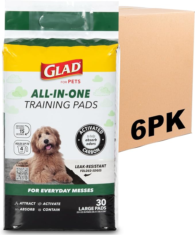 Glad for Pets Activated Carbon Disposable Dog Training Pads, 30 Count, 6-Pk | Activated carbon core, ultra-absorbent, puppies senior dogs and post-surgery recovery, floor and crate protection, 23 x 23 in