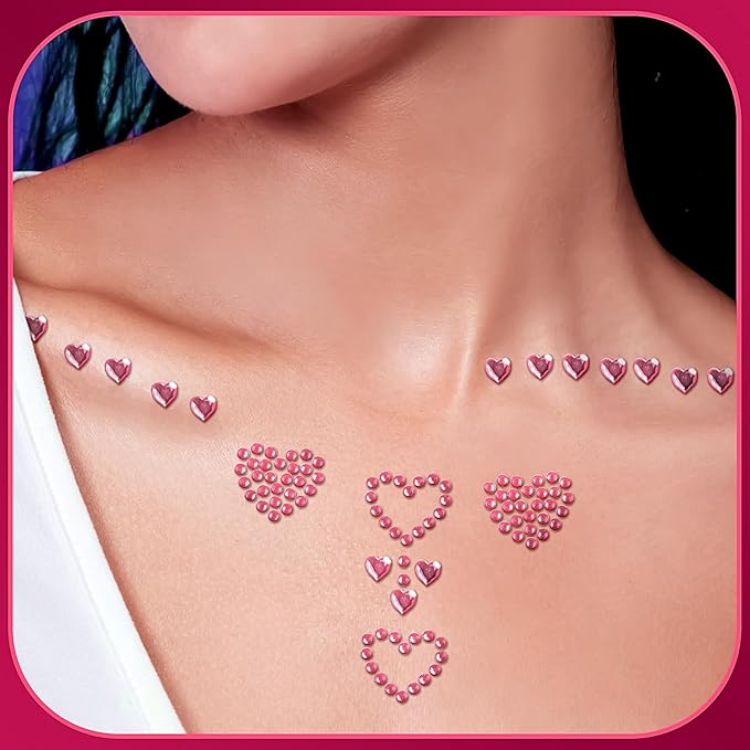 3 Sheers Pink Heart Rhinestone Sticker Acrylic Heart Gems Stickers Self Adhesive Face Jewels Stick On Face Eye Nail Body Crystal Pearls Jewels Face Sticker Decorative Stickers for Valentine's Day