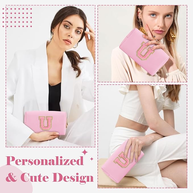 Personalized Initial A-Z Preppy Patch Makeup Bag,Small PU Leather Chenille Letter Cosmetic Bag with Zipper for Teen Girls,Pink Cute Travel Toiletry Bag,Birthday Monogrammed Gift for Daughter,Letter U