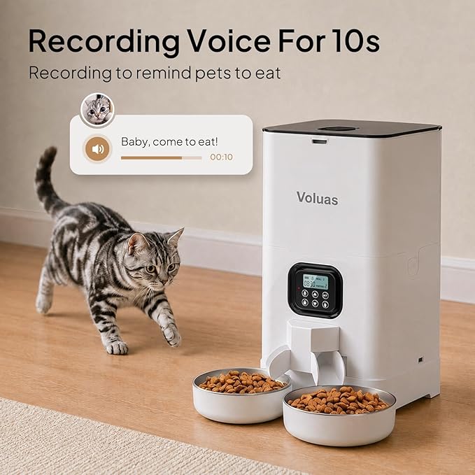VOLUAS Automatic Cat Feeder for Two Cats with Dual Stainless Bowls, 6L | Programmable Portion Control, Timed Feeding, Memory Function, Dual Stainless Steel Bowls, 10-Second Voice Recorder