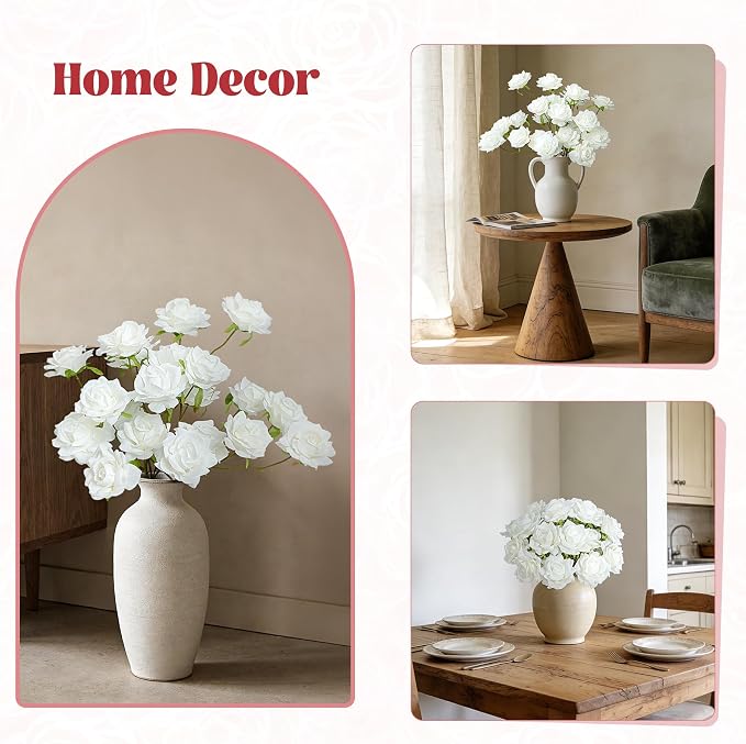 INXUGAO Artificial Flowers Fake Roses, 6Pcs 28" Long Stem Silk White Roses for Outdoor Indoor, Realistic Faux Flowers for Tall Planter Vase Porch Patio Decor