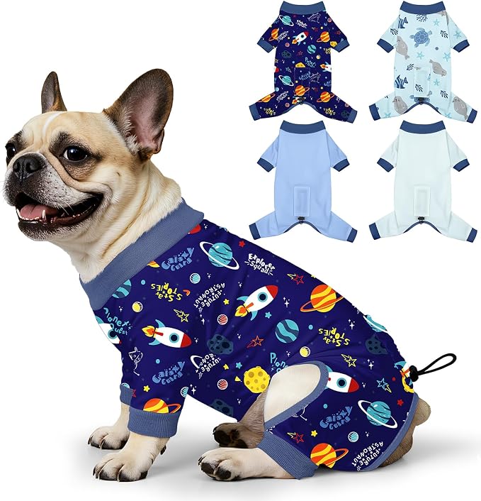 Bienbee Dog Pajamas, 4 Pack Adjustable Onesies for Small to Large Dogs L | Dog Shedding Suit with Soft Fabric, Breathable & Stretchy, and Adjustable Back Length for Sleeping Lounging and Daily Use