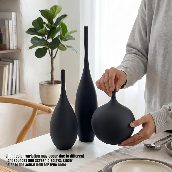 Black Ceramic Vases Set of 3, Modern Boho Vases for Centerpiece Decor, Matte Minimalist Decorative Vases for Home Decor, Living Room, Bookshelf, and Entryway Table Decor