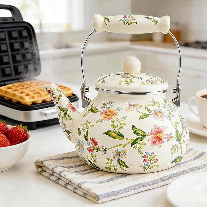 Anxingo Enamel Tea floral Kettle,Tea Kettle Pot for Stove, Top Porcelain Large Enamel Tea Kettle 2.5L,Retro Classic Design