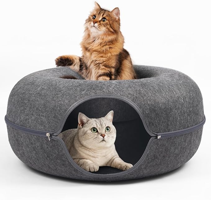 Cat Caves for Indoor Cats, Large Cat Tunnel for Multiple & Large Cats, Scratch Detachable Cave Bed, Kitten Donut Kitty Hideaway Up to 45 Lbs (Dark Grey, Large, 1 Pack)